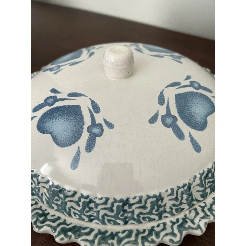 Blue Heart Spongeware 11”  Country Ceramic Pie Keeper Cottagecore Grannycore